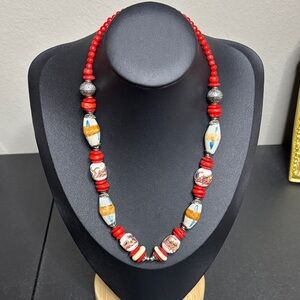Vintage Hand Painted Ceramic Stone Beaded Boho Red White Necklace